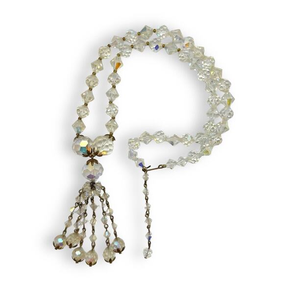 Aurora Borealis Glass Crystal Bead Necklace Long Necklace Tassel Gold Tone 50s - Picture 13 of 16